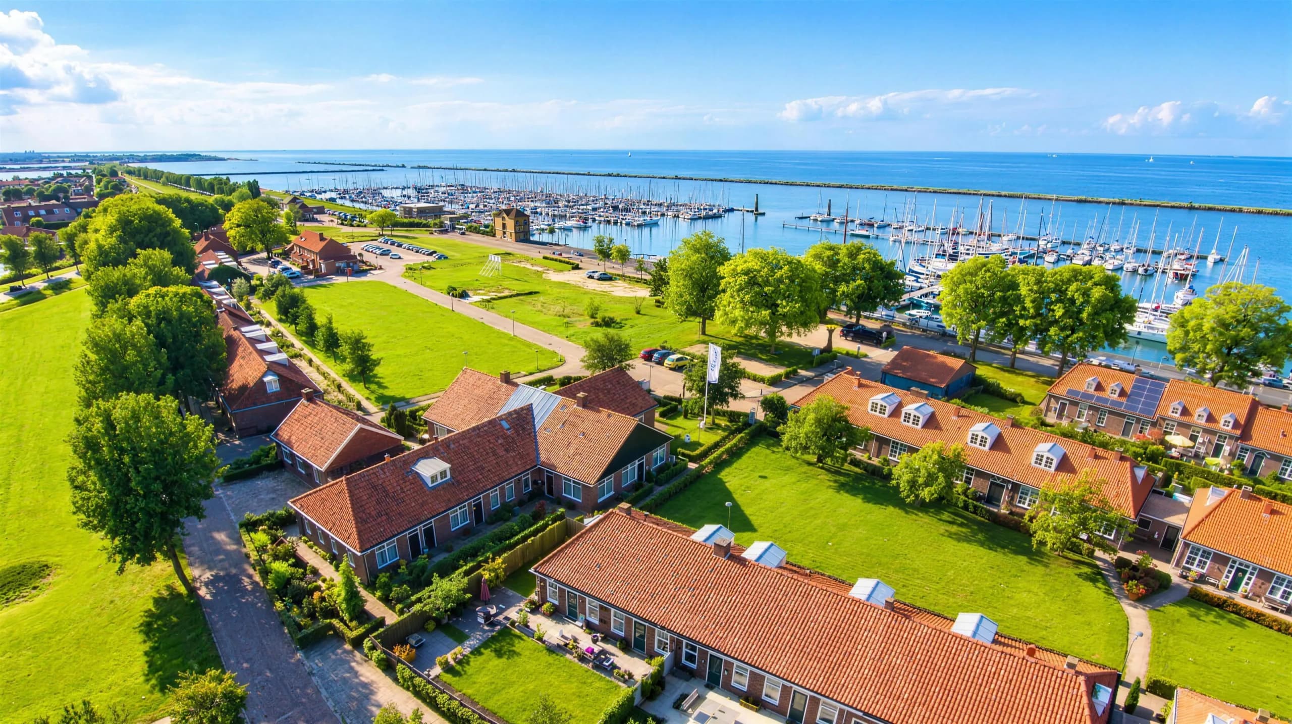 Luchtfoto van Hotel de Lange Jammer met de jachthaven en het Markermeer erachter